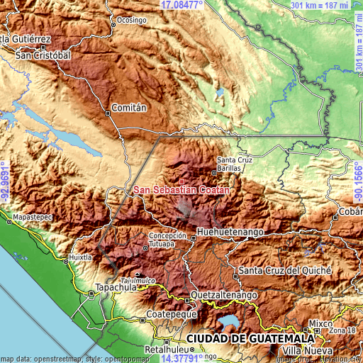 Topographic map of San Sebastián Coatán