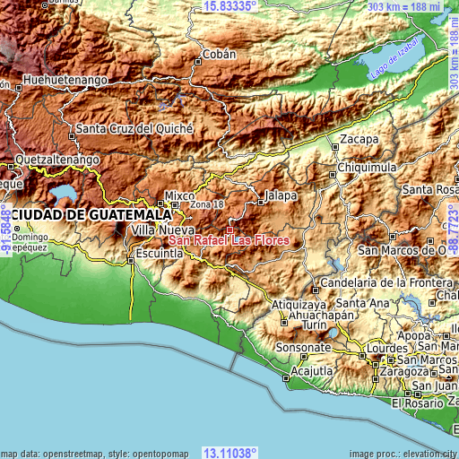 Topographic map of San Rafael Las Flores