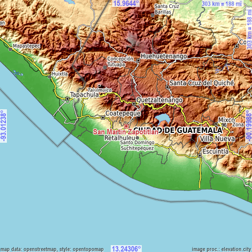 Topographic map of San Martín Zapotitlán