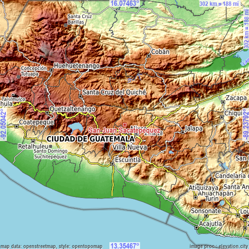 Topographic map of San Juan Sacatepéquez