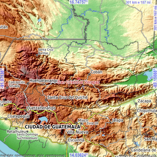 Topographic map of San Cristóbal Verapaz