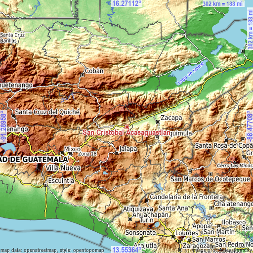 Topographic map of San Cristóbal Acasaguastlán