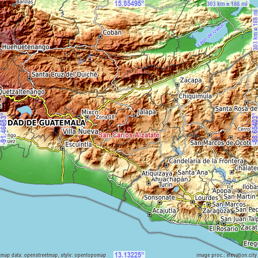 Topographic map of San Carlos Alzatate