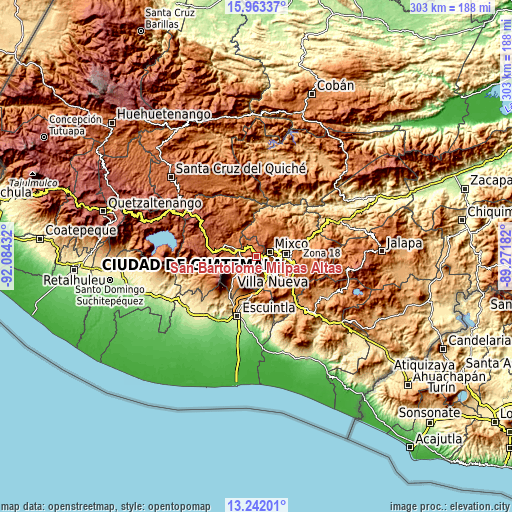 Topographic map of San Bartolomé Milpas Altas