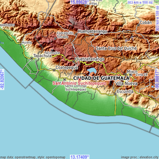 Topographic map of San Antonio Suchitepéquez