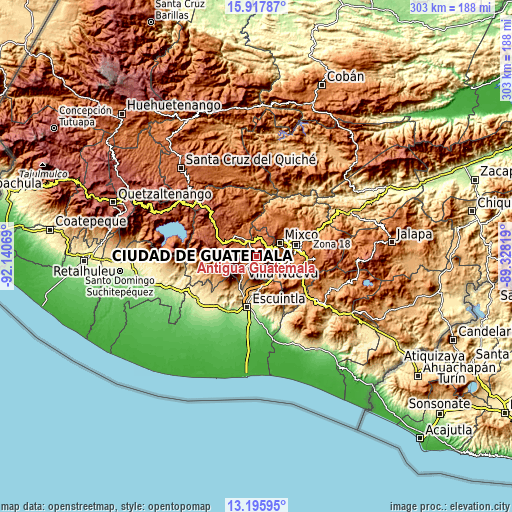 Topographic map of Antigua Guatemala