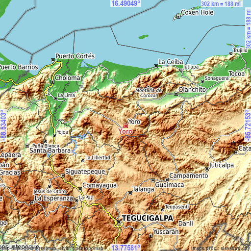 Topographic map of Yoro