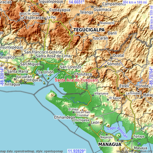 Topographic map of Santa Ana de Yusguare