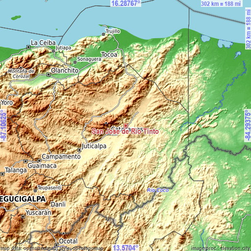 Topographic map of San José de Río Tinto