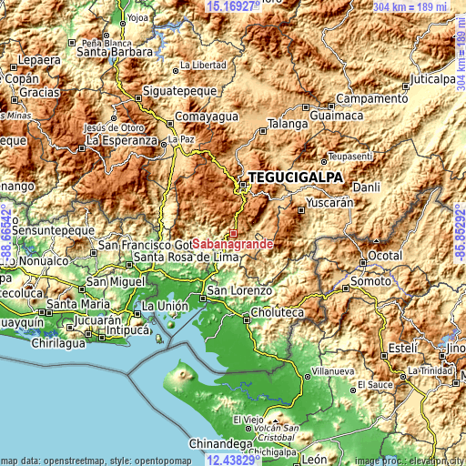 Topographic map of Sabanagrande