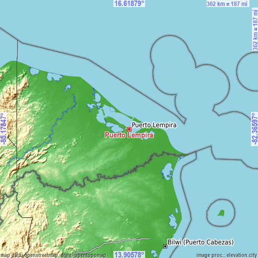Topographic map of Puerto Lempira