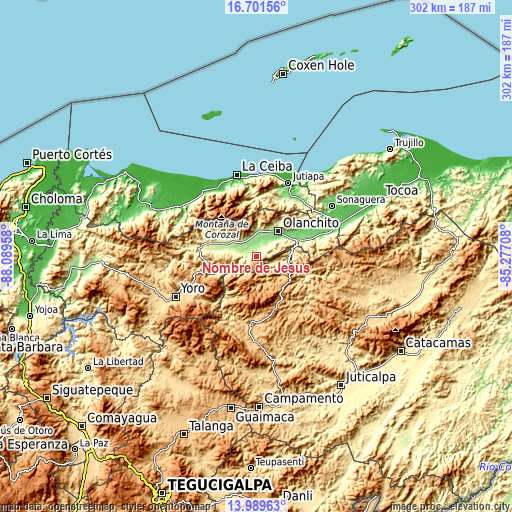 Topographic map of Nombre de Jesús