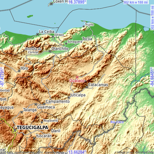 Topographic map of Gualaco