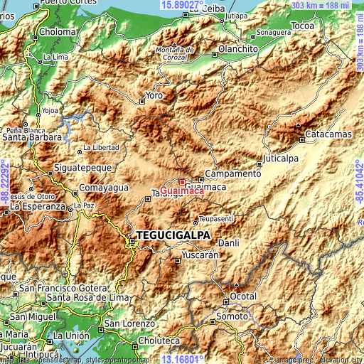 Topographic map of Guaimaca