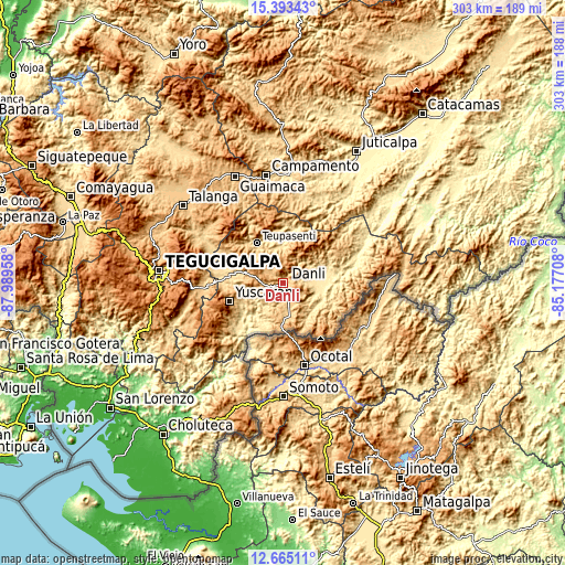 Topographic map of Danlí