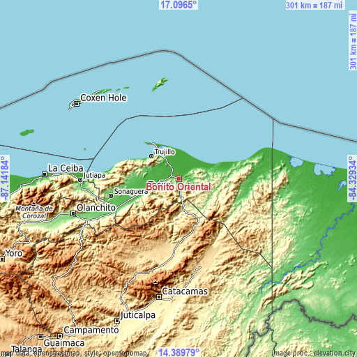 Topographic map of Bonito Oriental