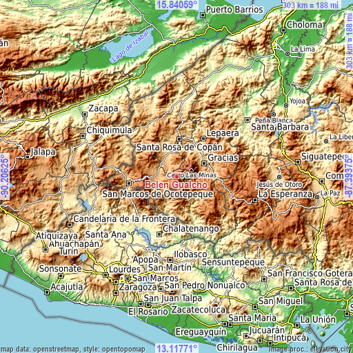 Topographic map of Belén Gualcho