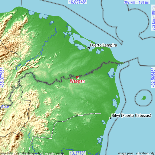 Topographic map of Waspán
