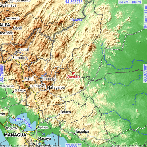Topographic map of Waslala
