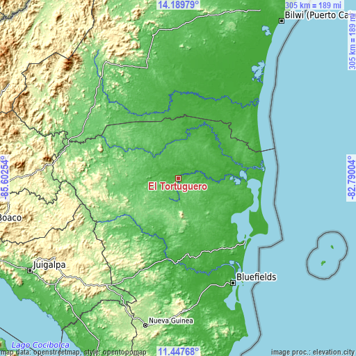 Topographic map of El Tortuguero