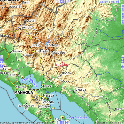 Topographic map of Muy Muy