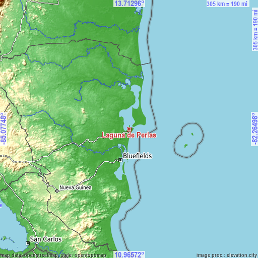Topographic map of Laguna de Perlas