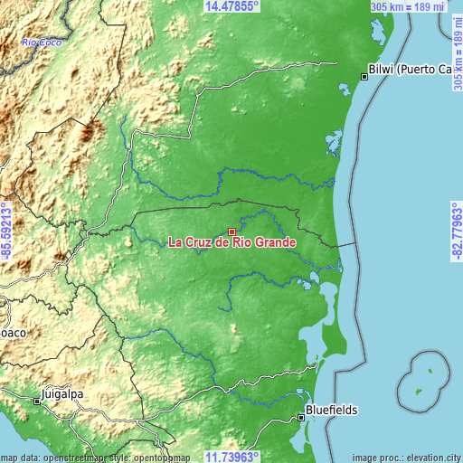 Topographic map of La Cruz de Río Grande