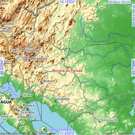Topographic map of Bocana de Paiwas