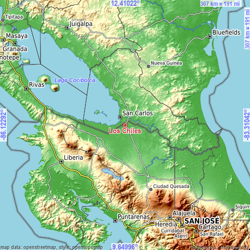 Topographic map of Los Chiles