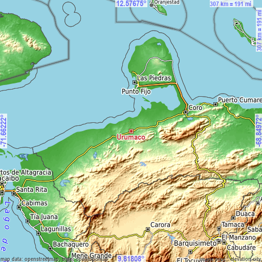 Topographic map of Urumaco