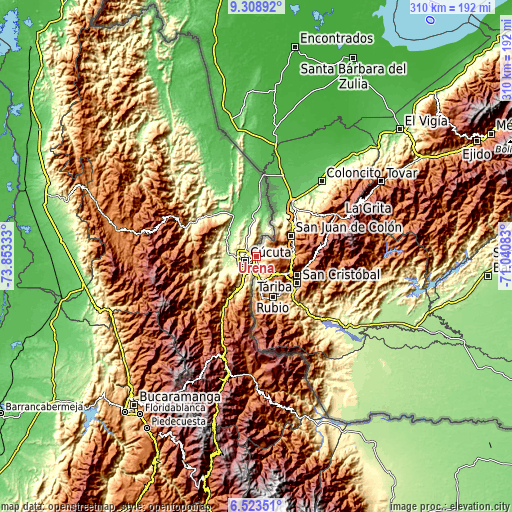 Topographic map of Ureña