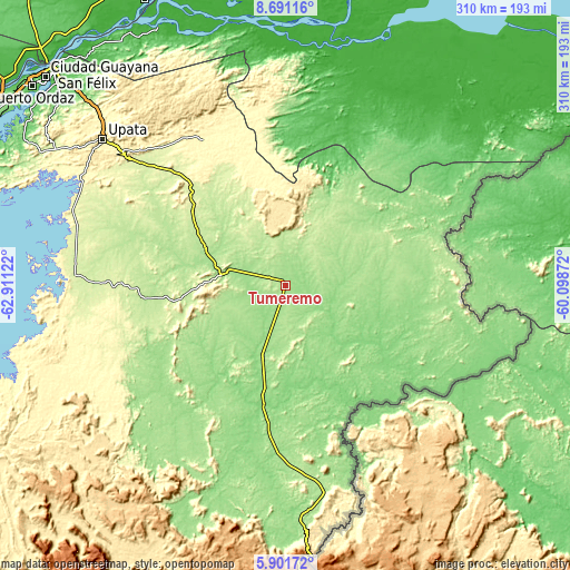 Topographic map of Tumeremo