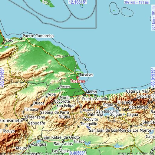 Topographic map of Tucacas