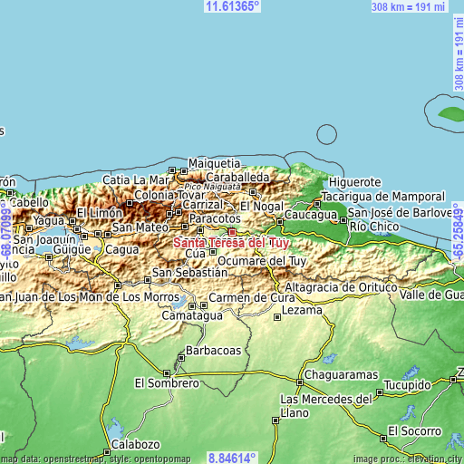 Topographic map of Santa Teresa del Tuy