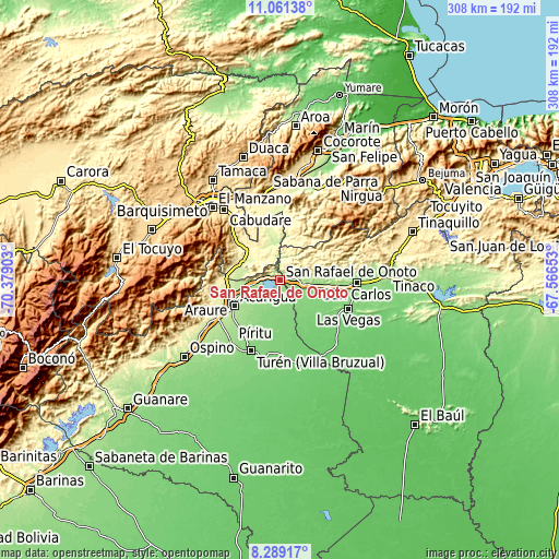 Topographic map of San Rafael de Onoto
