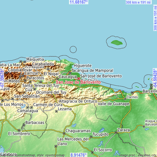 Topographic map of San José de Barlovento