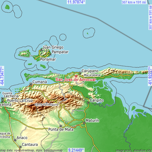 Topographic map of San José de Aerocuar