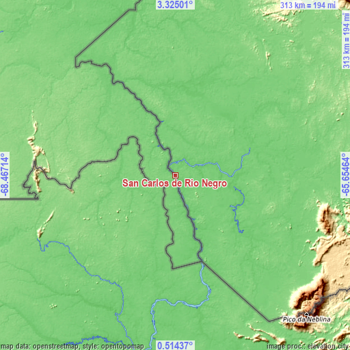Topographic map of San Carlos de Río Negro