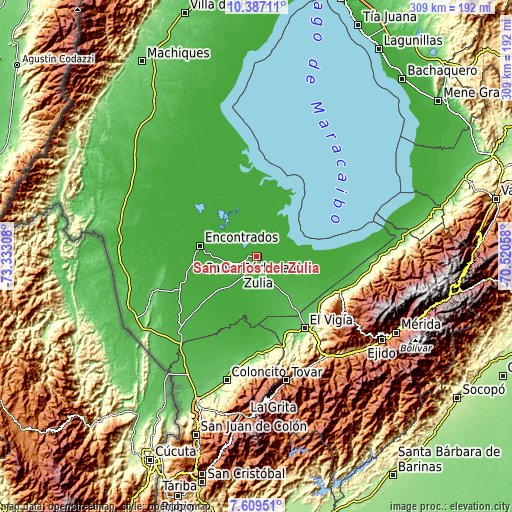 Topographic map of San Carlos del Zulia