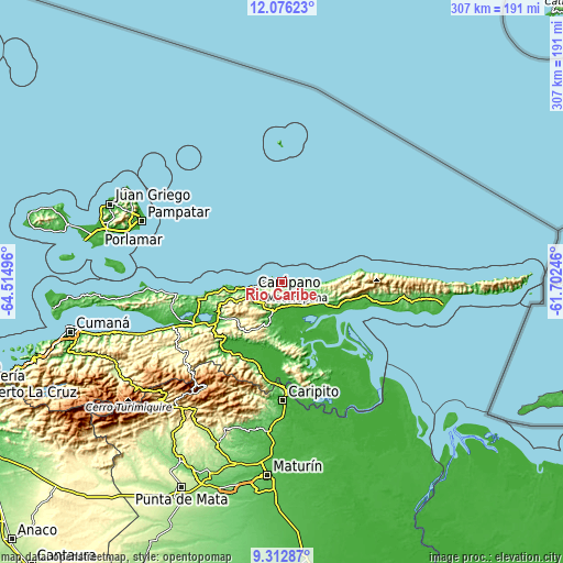 Topographic map of Río Caribe