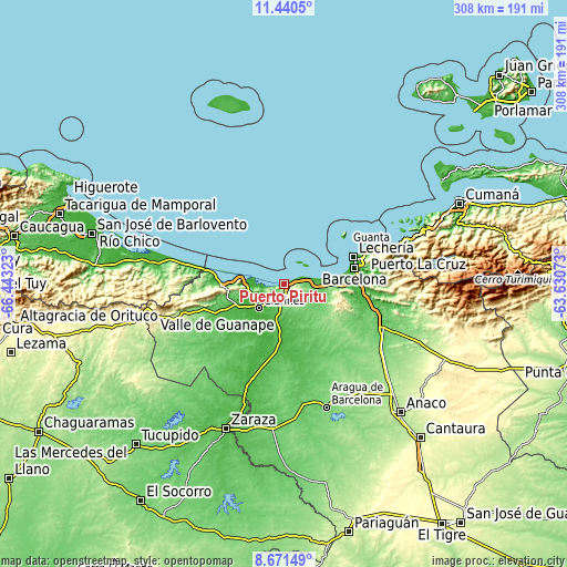 Topographic map of Puerto Píritu