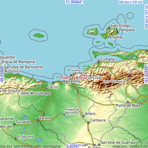Topographic map of Puerto La Cruz