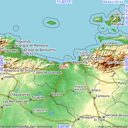 Topographic map of Píritu