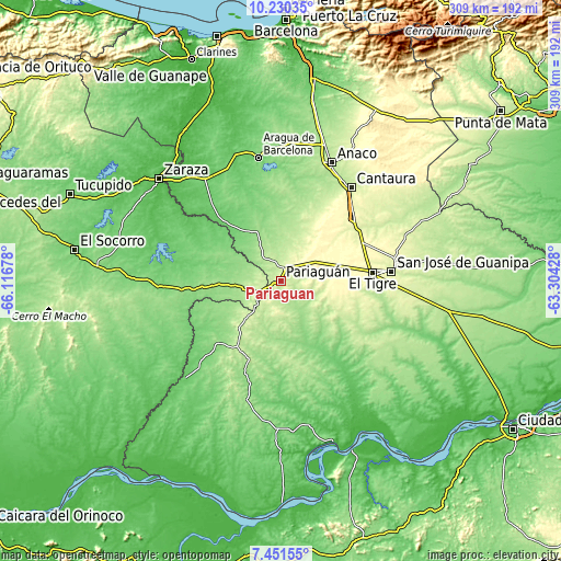 Topographic map of Pariaguán