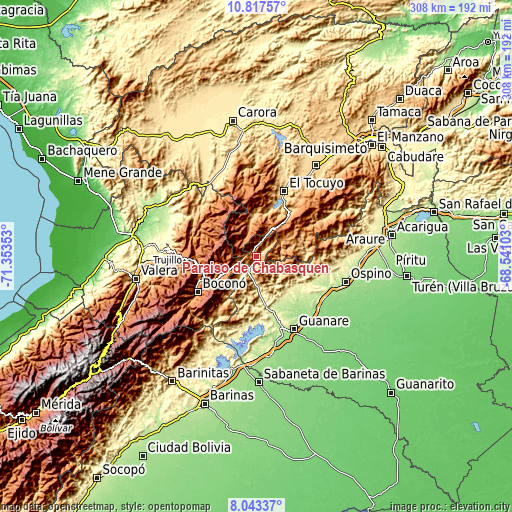 Topographic map of Paraíso de Chabasquén