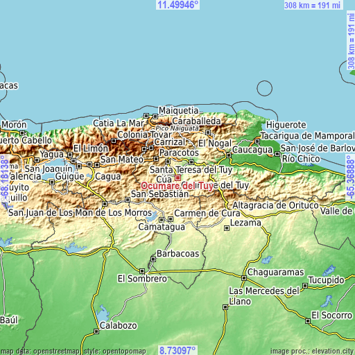Topographic map of Ocumare del Tuy