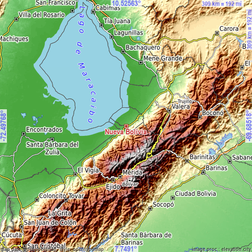 Topographic map of Nueva Bolivia
