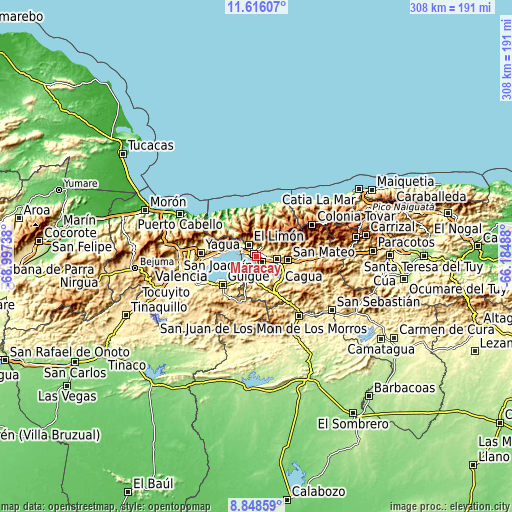 Topographic map of Maracay
