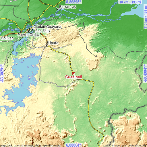Topographic map of Guasipati