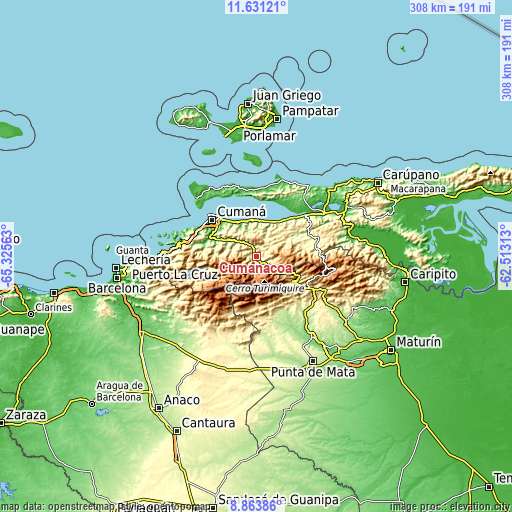 Topographic map of Cumanacoa